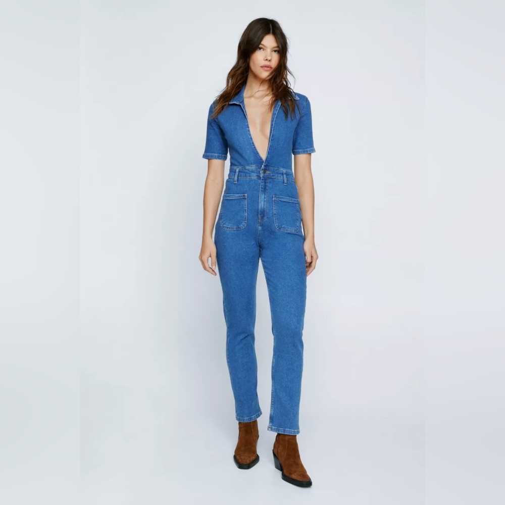 NASTY GAL Acid Wash Plunging V Neck Denim Boilersuit, 100% Cotton, size 6 US